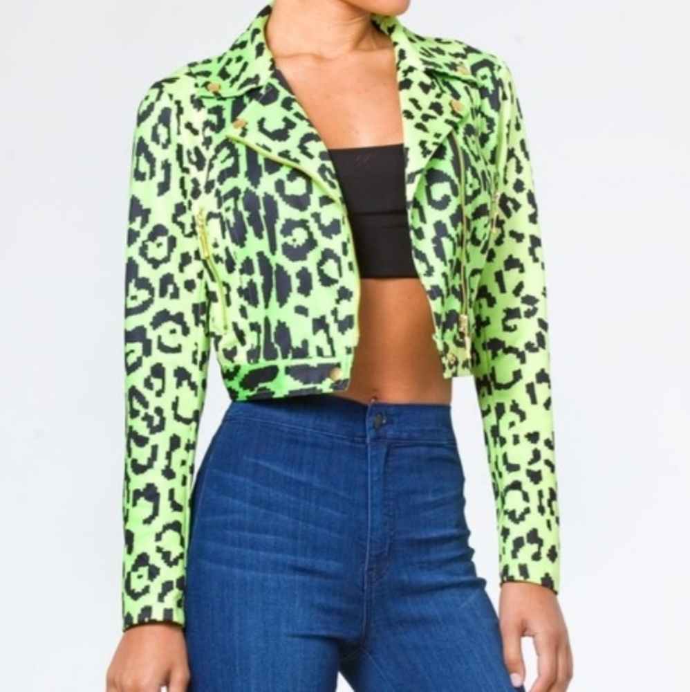 Neon Techno Leopard Crop Scuba Jacket